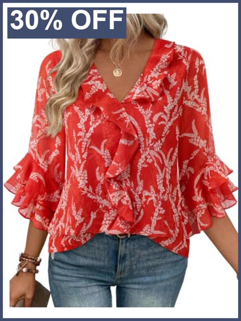 Womens Dressy Casual Blouse 3/4 Sleeve V Neck Ruffle Business Top